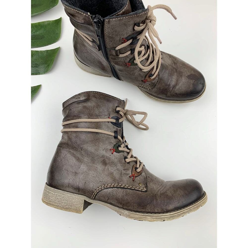 Rieker Payton Ankle Boots Distressed Brown Faux Leather Lace Up Women's 37 US 6